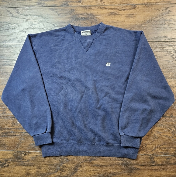 Y2K Vintage Russell Athletic Navy Crewneck Sweatshirt V-Stitch Boxy Fit Large - Picture 1 of 6